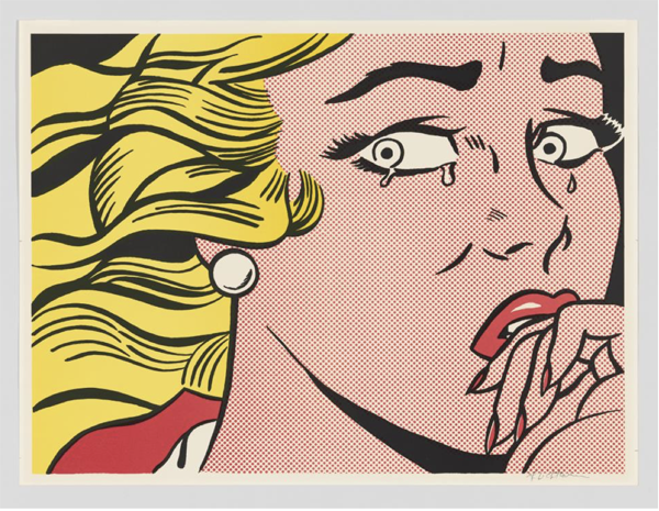 Roy Lichtenstein, Crying Girl, 1963. Offset lithograph: sheet, 17 3/4 × 23 3/4 in. (45.1 × 60.3 cm); image, 17 1/4 × 23 1/8 in.
(43.8 × 58.7 cm). Whitney Museum of American Art, New York; gift of Scott Newman 2021.135. © Estate of Roy
Lichtenstein/DACS 2026