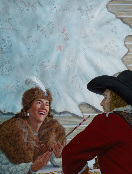 Kent Monkman (b. Canada, 1965)
Officer and Laughing Girl: New Amsterdam
(detail), 2026
Acrylic on canvas, 32 × 29 1/2 in. (81.3 × 74.9 cm)
Commissioned by The Frick Collection,
New York
Photo: Courtesy of the artist